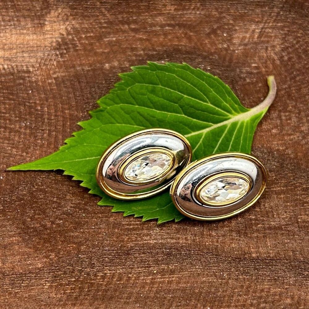 Vintage Givenchy Oval Crystal Clip-On Earrings Gold Silver Tone Designer